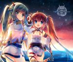  2girls :d ahoge anchor azur_lane bangs black_gloves blue_eyes blue_hair blush braid brown_hair capelet character_request clouds commentary_request dress eyebrows_visible_through_hair fingerless_gloves gloves gradient_hair green_eyes green_hair hair_between_eyes hair_ornament hairclip hand_on_hip highres horizon jiang-ge long_hair long_sleeves looking_at_viewer looking_to_the_side multicolored_hair multiple_girls night night_sky ocean open_mouth outdoors ponytail single_detached_sleeve single_sleeve sky sleeves_past_wrists smile sparkle star_(sky) starry_sky thigh-highs twintails very_long_hair water white_capelet white_dress 