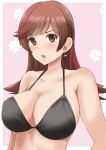  1girl :o bare_shoulders bikini bikini_top black_bikini blush breasts brown_eyes brown_hair cleavage clover collarbone four-leaf_clover halterneck highres jewelry kamikitayotsuba kantai_collection large_breasts long_hair looking_at_viewer ooi_(kantai_collection) open_mouth pink_background single_earring straight_hair swimsuit torpedo_earrings upper_body v-shaped_eyebrows 