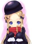  1girl abigail_williams_(fate/grand_order) awa_(rosemarygarden) bangs black_bow black_dress black_hat blonde_hair blue_eyes bow box commentary_request covered_mouth dress fate/grand_order fate_(series) forehead gift gift_box hair_bow hat holding holding_gift long_sleeves looking_at_viewer orange_bow parted_bangs polka_dot polka_dot_bow sleeves_past_fingers sleeves_past_wrists solo valentine 