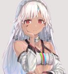  1girl altera_(fate) bandeau bangs bare_shoulders black_nails breasts choker closed_mouth collarbone commentary_request dark_skin detached_sleeves eyebrows_visible_through_hair fate/extella fate/extra fate_(series) grey_background hakuishi_aoi hand_on_own_cheek looking_at_viewer nail_polish parted_bangs print_sleeves red_eyes short_hair short_sleeves simple_background small_breasts solo straight_hair tattoo upper_body veil white_bandeau white_choker white_hair 