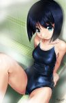  1girl arm_support artist_name bathroom bathtub black_hair bob_cut commentary_request competition_school_swimsuit cowboy_shot green_eyes looking_at_viewer original rohitsuka school_swimsuit shiny_swimsuit short_hair sitting solo steam swimsuit tiles wet 
