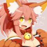  1girl animal_ears bell bell_collar blush breasts cat_paws cleavage collar collarbone fang fate/grand_order fate_(series) fox_ears gloves hair_ribbon heart highres hinotama_(hinotama422) jingle_bell large_breasts long_hair looking_at_viewer open_mouth paw_gloves paws pink_hair ponytail ribbon solo tamamo_(fate)_(all) tamamo_cat_(fate) tamamo_cat_(fate/grand_order) yellow_eyes 