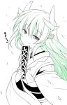  1girl bangs blush eyebrows_visible_through_hair fan fate/grand_order fate_(series) folding_fan green_hair hair_between_eyes heart holding holding_fan horns kazawa_(tonzura-d) kiyohime_(fate/grand_order) long_hair long_sleeves looking_at_viewer open_mouth simple_background solo spot_color upper_body white_background wide_sleeves 