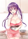  1girl :d apron blush bowl breasts chocolate cleavage collarbone commentary_request cowboy_shot eyebrows_visible_through_hair eyes_visible_through_hair finger_to_mouth gochuumon_wa_usagi_desu_ka? highres indoors large_breasts long_hair looking_at_viewer open_mouth piripun purple_hair short_sleeves smile solo tedeza_rize twintails violet_eyes 