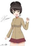 1girl :d artist_name bangs brown_hair brown_jacket bukkuri character_name closed_mouth cowboy_shot cursive dated girls_und_panzer green_eyes hair_rings hosomi_(girls_und_panzer) jacket long_sleeves looking_at_viewer miniskirt open_mouth pleated_skirt red_skirt school_uniform short_hair signature simple_background skirt smile solo standing white_background 