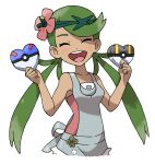  1girl :d ^_^ ^o^ bare_arms bare_shoulders box breasts closed_eyes collarbone dark_skin facing_viewer flower hair_flower hair_ornament headband heart-shaped_box holding holding_box long_hair low_twintails mallow_(pokemon) open_mouth overalls poke_ball_print pokemon pokemon_(game) pokemon_sm round_teeth simple_background sleeveless small_breasts smile solo teeth teru_zeta twintails upper_body very_long_hair w_arms white_background 
