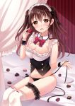  1girl :d bangs bed bell black_panties black_ribbon blush breasts brown_eyes brown_hair canopy_bed chocolate chocolate_heart cleavage collar commentary_request detached_collar eyebrows_visible_through_hair fingernails frilled_collar frills hair_between_eyes head_tilt heart holding holding_heart jingle_bell leg_garter long_hair looking_at_viewer maid maid_headdress medium_breasts nail_polish navel on_bed open_mouth original panties pink_nails ribbon sakura_hiyori side-tie_panties sitting sitting_on_bed sleeveless smile solo thigh-highs two_side_up underbust underwear untied untied_panties valentine white_collar white_legwear wrist_cuffs 