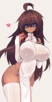  1girl absurdres blush breasts dark_skin eyebrows_visible_through_hair hair_between_eyes highres large_breasts long_hair looking_at_viewer navel original red_eyes simple_background smile solo standing sub-res thigh-highs white_background 
