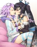  2girls bare_shoulders between_legs black_hair blue_ribbon blush breasts choker cleavage closed_eyes d-pad d-pad_hair_ornament detached_collar detached_sleeves english gebyy-terar hair_ribbon hand_on_another&#039;s_chest highres hood hooded_jacket imminent_kiss jacket long_hair medium_breasts multiple_girls neptune_(choujigen_game_neptune) neptune_(series) noire open_mouth purple_hair red_eyes ribbon ribbon-trimmed_skirt ribbon_trim short_hair skirt small_breasts striped striped_legwear thigh-highs twintails very_long_hair white_choker white_skirt yuri 