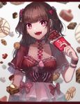  1girl :d arm_at_side bangs blunt_bangs blurry bow breasts bright_pupils brown_hair chocolate chocolate_bar clavicle_piercing cleavage collarbone corset_piercing danjou_sora dress ear_piercing earrings eyebrows_visible_through_hair food frilled_sleeves frills gradient gradient_background grey_background hair_bow holding holding_food jewelry letterboxed long_hair looking_at_viewer medium_breasts nail_polish open_mouth original piercing pink_bow pink_eyes pink_nails red_dress short_sleeves smile solo teeth two_side_up upper_body wristband 