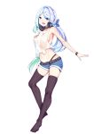  1girl :d aqua_eyes aqua_hair black_legwear breasts choker full_body headphones headphones_around_neck khibiki long_hair looking_at_viewer navel open_mouth original short_shorts shorts sideboob simple_background smile solo thigh-highs white_background zettai_ryouiki 