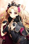  1girl asymmetrical_sleeves bangs black_cape black_dress blonde_hair blush bow breasts cape cleavage closed_mouth commentary_request dress earrings ereshkigal_(fate/grand_order) eyebrows_visible_through_hair fate/grand_order fate_(series) fur_collar gambe hair_bow highres infinity jewelry long_hair long_sleeves looking_at_viewer medium_breasts multicolored multicolored_cape multicolored_clothes parted_bangs purple_bow purple_cape red_eyes single_sleeve skull smile solo spine tiara two_side_up very_long_hair 
