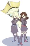  2girls back-to-back belt black_ribbon blonde_hair blue_belt blue_eyes boots breasts brown_hair closed_mouth collared_shirt crossed_arms diana_cavendish dress eyebrows eyebrows_visible_through_hair high_heel_boots high_heels highres kagari_atsuko knee_boots legs_apart little_witch_academia long_hair long_sleeves multiple_girls pink_belt pink_eyes purple_dress purple_footwear ribbon shiratama_(hockey) shirt simple_background small_breasts smile standing v-shaped_eyebrows white_background white_shirt 
