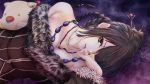  1girl bare_shoulders black_hair braid brown_eyes closed_mouth doll final_fantasy final_fantasy_x fur_trim hair_ornament hair_stick jewelry long_hair looking_at_viewer lulu_(ff10) lying moogle necklace on_side purple_background smile solo teeta_j x_x 