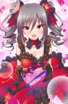  1girl box commentary_request drill_hair gift gift_box giving gloves heart-shaped_box highres holding holding_gift idolmaster idolmaster_cinderella_girls incoming_gift kanzaki_ranko long_hair open_mouth red_eyes silver_hair smile solo twin_drills twintails urabi_(tomatohouse) valentine 