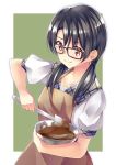  1girl absurdres apron black_hair blush bowl closed_mouth glasses highres idolmaster idolmaster_million_live! long_hair low_twintails megurumiru red_eyes school_uniform smile solo spatula takayama_sayoko twintails valentine 