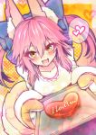  1girl animal_ears baking_sheet blush breasts cleavage collarbone fang fate/extra fate_(series) fox_ears fox_tail hair_ribbon heart highres large_breasts long_hair looking_at_viewer open_mouth oven_mitts pink_hair ribbon solo speech_bubble tail tamamo_(fate)_(all) tamamo_no_mae_(fate) valentine wisespeak yellow_eyes 
