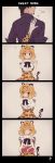  1boy 1girl 4koma absurdres animal_ears blonde_hair blush bow bowtie box comic fur_collar gift gift_box gloves hatagaya highres holding holding_gift jaguar_(kemono_friends) jaguar_ears jaguar_print jaguar_tail kemono_friends looking_at_viewer multicolored_hair multiple_girls open_mouth short_hair short_sleeves silent_comic simple_background smile valentine yellow_eyes 