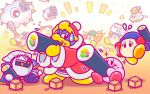  2boys backwards_hat bandanna baseball_cap beanie bird blue_hat bow bowtie clouds club co-kracko commentary_request eating ehoumaki flying_sweatdrops food food_on_face green_hat hat headphones jitome king_dedede kirby kirby_(series) kracko looking_at_another makizushi mask meta_knight multiple_boys nintendo no_humans notepad official_art oni_mask red_neckwear robe running setsubun sitting spark sparkle spiked_club sushi sweatdrop throwing ufo ufo_(kirby) waddle_dee weapon 
