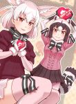  2girls adapted_costume animal_ears arm_strap arms_up blush bow bowtie box common_raccoon_(kemono_friends) extra_ears eyebrows_visible_through_hair fennec_(kemono_friends) fox_ears fur_collar fur_trim gift gift_box gloves heart heart-shaped_box heart-shaped_pupils highres holding kemono_friends looking_at_viewer miniskirt multiple_girls partial_commentary pleated_skirt raccoon_ears raccoon_tail short_sleeve_sweater short_sleeves skirt smile symbol-shaped_pupils tail tail_bow takatsuki_nao thigh-highs thigh_strap 