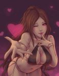  1girl breasts brown_hair cleavage collarbone final_fantasy final_fantasy_xiv finger_to_mouth gradient gradient_background halterneck heart heart-shaped_pupils hyur jewelry large_breasts leaning_forward lips long_hair looking_at_viewer nail_polish necklace o-ring_bikini one_eye_closed pink_eyes reaching_out solo soranamae string_bikini symbol-shaped_pupils tattoo 