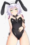  1girl animal_ears arm_belt bandage bandaged_arm bare_shoulders black_leotard black_neckwear blush breasts bunny1219 bunny_girl bunny_tail bunnysuit detached_collar fate/grand_order fate_(series) green_eyes highres jack_the_ripper_(fate/apocrypha) leotard necktie rabbit_ears scar scar_across_eye scar_on_cheek shoulder_tattoo silver_hair small_breasts solo strapless tail tattoo white_background 