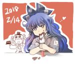  2018 2girls antinomy_of_common_flowers blue_hair bow brown_eyes cake chocolate comic commentary_request dated drill_hair earing eating eyebrows_visible_through_hair eyewear_on_head food food_on_face hair_bow hat heart heart-shaped_pupils hood hoodie jacket long_hair looking_at_viewer multiple_girls open_mouth patches smile spatula sunglasses symbol-shaped_pupils tako_(plastic_protein) top_hat touhou translation_request twin_drills valentine yorigami_jo&#039;on yorigami_shion 