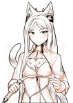  1girl animal_ears animal_hood blush cat_ears cat_hood character_request eyebrows_visible_through_hair gloves green_eyes hood kaafi kemonomimi_mode looking_at_viewer nier_(series) nier_automata riding_crop simple_background smile solo upper_body watermark white_background 