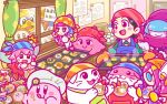  1boy 6+girls :q adeleine apron bandanna beanie bird black_hair blue_hair blue_hat blush_stickers cat chef_hat chuchu_(kirby) claycia cookie egg elline_(kirby) fairy flour food food_on_face hair_over_eyes hair_ribbon hamster hat king_dedede kirby kirby_(series) licking_lips multicolored_hair multiple_girls nintendo notepad official_art oven_mitts pastry_bag pick_(kirby) ribbon ribbon_(kirby) scarf shiro_(kirby) susie_(kirby) tongue tongue_out tray valentine waddle_dee window 