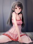  1girl black_hair blush bra breasts brown_eyes hair_down highres idolmaster idolmaster_cinderella_girls long_hair looking_at_viewer medium_breasts nakano_yuka panties see-through shirushiru_(saitou888) smile solo underwear 