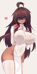  1girl absurdres ahoge blush breasts commentary dark_skin eyebrows_visible_through_hair glasses hair_between_eyes heart highres huge_breasts long_hair looking_at_viewer navel original pelvic_curtain red_eyes simple_background sketch smile solo standing sub-res thigh-highs very_long_hair white_background 