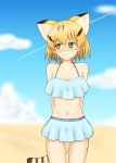  1girl absurdres animal_ears blonde_hair blue_swimsuit blush cat_ears cat_tail clouds cowboy_shot green_eyes highres kemono_friends looking_away navel outdoors sand_cat_(kemono_friends) shiraha_maru short_hair sky standing swimsuit tail 