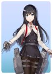  1girl absurdres asashio_(kantai_collection) backpack bag bangs belt belt_buckle black_dress black_hair black_legwear blue_background blue_eyes blush buckle double-breasted dress dual_wielding eyebrows_visible_through_hair gun highres holding holding_gun holding_weapon kagerou_(gigayasoma) kantai_collection long_hair long_sleeves looking_at_viewer neck_ribbon pantyhose red_ribbon remodel_(kantai_collection) ribbon shiny shiny_hair simple_background solo straight_hair tareme thigh_gap thigh_strap torpedo_tubes weapon 