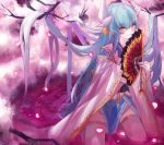  1girl araiyme blush branch cherry_blossoms commentary eyebrows_visible_through_hair fan fate/grand_order fate_(series) folding_fan green_hair holding holding_fan horns japanese_clothes kiyohime_(fate/grand_order) long_hair looking_at_viewer petals petals_on_water pink_water seiza sitting smile solo very_long_hair water yellow_eyes 