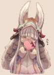  1girl animal_ears bangs blunt_bangs blush blush_stickers commentary_request cropped_legs eyebrows_visible_through_hair grey_hair highres made_in_abyss mochi_(mochi444420) nanachi_(made_in_abyss) rabbit_ears solo tan_background valentine whiskers yellow_eyes 