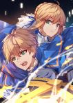  1boy 1girl absurdres armor artoria_pendragon_(all) blonde_hair blue_cape blue_ribbon cape excalibur eyebrows_visible_through_hair fate_(series) fur_trim gauntlets green_eyes hair_between_eyes hair_ribbon highres holding holding_sword holding_weapon open_mouth ribbon saber saber_(fate/prototype) short_hair_with_long_locks sidelocks sora_(zwz030) sword weapon 