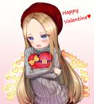  1girl abigail_williams_(fate/grand_order) alternate_costume bangs beret blonde_hair blue_eyes blush bow commentary eyebrows_visible_through_hair fate/grand_order fate_(series) forehead gradient gradient_background grey_sweater happy_valentine hat heart heart-shaped_box highres long_hair long_sleeves object_hug open_mouth parted_bangs pink_background red_hat ribbed_sweater solaris_(sinhyg) solo sweater very_long_hair white_background yellow_bow 