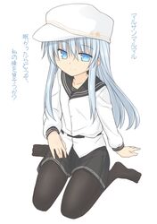  1girl bangs black_legwear black_skirt blue_eyes blue_hair blush closed_mouth eyebrows_visible_through_hair full_body hair_between_eyes hat hibiki_(kantai_collection) kantai_collection kazawa_(tonzura-d) long_hair long_sleeves no_shoes pantyhose pleated_skirt sidelocks simple_background sitting skirt solo star translation_request verniy_(kantai_collection) wariza white_background white_hat 