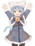  1girl :o \o/ arms_up bell black_legwear blue_hair capelet cat_tail coat cowboy_shot eyebrows_visible_through_hair fang fur-trimmed_capelet fur-trimmed_coat fur-trimmed_sleeves fur_trim hat hat_with_ears highres jingle_bell looking_at_viewer original outstretched_arms pantyhose shone short_hair simple_background solo tail white_background winter_clothes yellow_eyes 