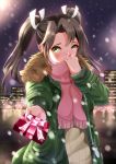  1girl absurdres alternate_costume blush box breast_pocket brown_hair brown_sweater bulge cityscape coat fringe fur-trimmed_coat fur_trim gift gift_box green_coat green_eyes hair_ribbon heart_in_eye highres holding holding_box holding_gift kantai_collection long_sleeves looking_at_viewer motion_blur night night_sky nose_blush open_clothes open_coat outdoors outstretched_arm pink_ribbon pink_scarf pocket pov ribbon sakurahuji-iro scarf scarf_over_mouth sky snowing solo striped valentine vertical_stripes white_ribbon winter zuikaku_(kantai_collection) 