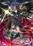  1girl armor armored_boots bodysuit boots brown_hair cardfight!!_vanguard company_name curly_hair feathered_wings feathers gloves horns long_hair magic official_art revenger_waking_angel solo violet_eyes wings 