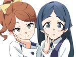  2girls barbara_parker blue_hair brown_hair commentary_request eyebrows_visible_through_hair hair_ribbon hanna_england little_witch_academia multiple_girls ribbon seren_lwa smile 