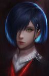  1girl blue_hair character_request closed_mouth darling_in_the_franxx green_eyes hair_ornament hair_over_one_eye hairclip lips looking_at_viewer nose portrait red_lips short_hair solo viet_le_quoc 
