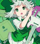  1girl breasts character_name commentary_request electric_guitar eyebrows_visible_through_hair frills green_eyes green_hairband green_ribbon green_skirt green_vest guitar hair_ribbon instrument ishimu konpaku_youmu looking_at_viewer medium_breasts open_mouth petticoat ribbon shirt short_hair silver_hair skirt solo touhou upper_body vest white_shirt 