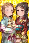  2018 2girls alternate_hairstyle black_hair blush brown_eyes brown_hair checkered checkered_background commentary_request dog dog_request eyebrows_visible_through_hair floral_print flower hair_flower hair_ornament hairclip hatsushimo_(kantai_collection) japanese_clothes juurouta kantai_collection kimono long_hair long_sleeves looking_at_viewer medium_hair multiple_girls new_year obi own_hands_together ponytail print_kimono sash sidelocks v_arms wakaba_(kantai_collection) wavy_hair year_of_the_dog 