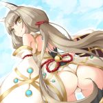  1girl animal_ears ass bangs bare_shoulders blue_sky blunt_bangs cat_ears from_behind kuro_(be_ok) leotard long_hair looking_at_viewer niyah outdoors silver_hair sky smile solo spoilers twintails xenoblade xenoblade_2 yellow_eyes 