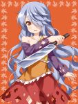  1girl bare_shoulders commentary_request cowboy_shot detached_sleeves hair_over_one_eye hatchet highres holding holding_weapon leaf long_hair long_sleeves looking_at_viewer orange_background orange_eyes oriental_hatchet parted_lips red_skirt ruu_(tksymkw) sakata_nemuno silver_hair simple_background single_strap skirt smile solo standing touhou very_long_hair wavy_hair weapon 