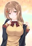  1girl autumn_leaves black_jacket bow breasts brown_eyes brown_hair closed_mouth eyebrows_visible_through_hair frapowa hair_ornament hairclip head_tilt jacket kunikida_hanamaru large_breasts lips long_hair long_sleeves looking_at_viewer love_live! love_live!_sunshine!! multicolored multicolored_background open_clothes open_jacket plaid plaid_bow plaid_neckwear red_bow red_neckwear school_uniform shiny shiny_hair solo sweater undressing upper_body yellow_sweater 