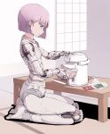  1girl food highres noodles original parts_exposed pink_hair purple_hair ramen robot_girl sitting sketch smile solo sukabu table violet_eyes wariza water 