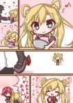  2girls :d =_= ^_^ abukuma_(kantai_collection) admiral_(kantai_collection) apron bangs black_legwear black_shirt blonde_hair blue_eyes blush blush_stickers bowl box brown_eyes closed_eyes closed_mouth comic commentary_request double_bun eyebrows_visible_through_hair frilled_apron frills gift gift_box grey_footwear grey_skirt hair_between_eyes hair_rings heart heart-shaped_box holding holding_bowl holding_gift kantai_collection kinu_(kantai_collection) komakoma_(magicaltale) long_hair multiple_girls musical_note nose_blush open_mouth pink_apron pleated_skirt purple_hair quaver school_uniform serafuku shirt side_bun silhouette skirt smile thigh-highs translation_request twintails valentine very_long_hair 